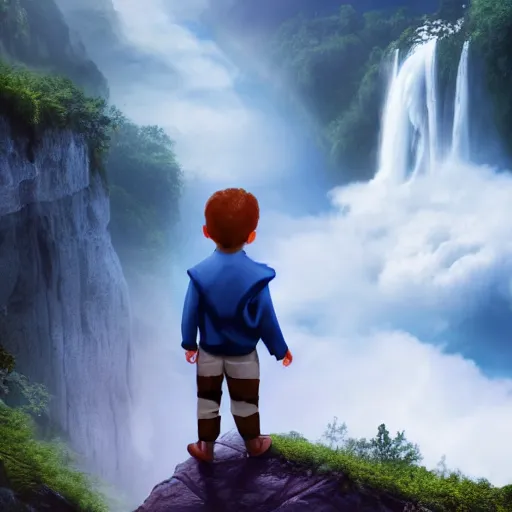 Prompt: a boy on a flying mattress in the clouds looking at natural forested canyons and waterfalls below, mist, mystical, magic, concept art, digital art