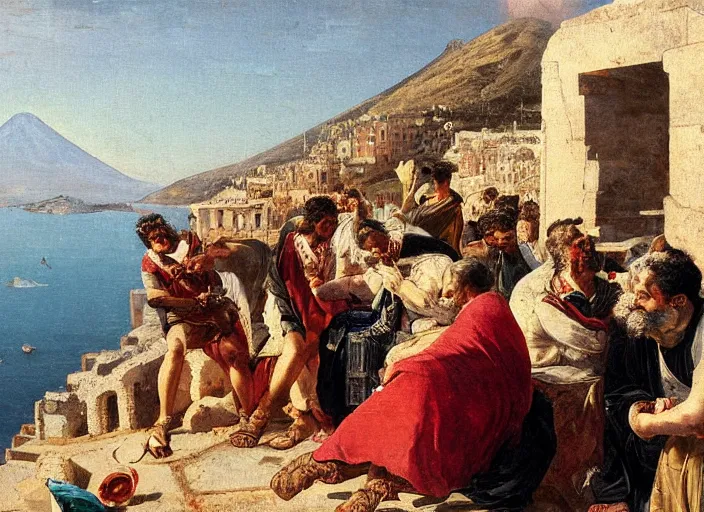 Image similar to detailed painting of average greeks drink wine and have fun against the backdrop of mount vesuvius starting to erupt by brullov