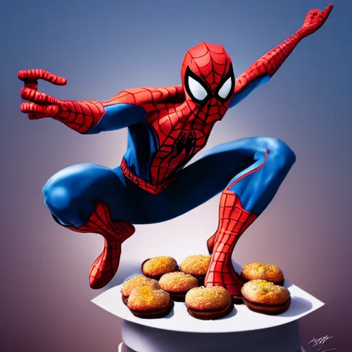 Image similar to spider - man eating donuts and seating on the raccoon, concept art, trending on artstation, highly detailed, intricate, sharp focus, digital art, 8 k