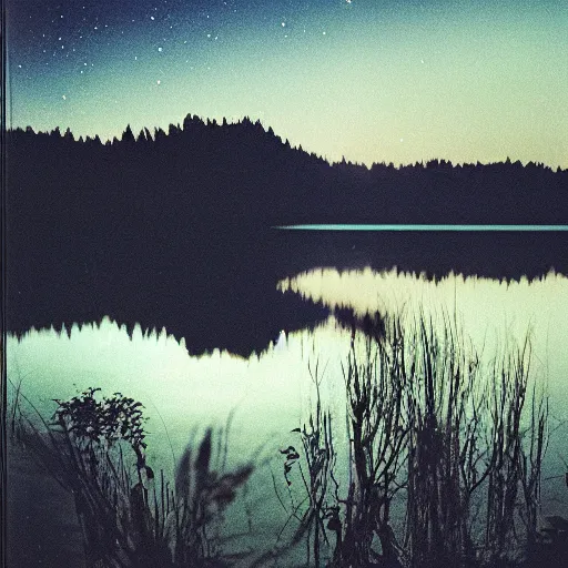 Image similar to photo, moonlit lake, 5 0 mm f / 1. 4, cinestill 8 0 0,