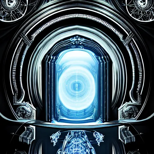 Prompt: open majestic portal to another dimension, with turbulent image of different time space, ethereal, sci fi, high filigree detail, intricate, giger!, beautiful reflective metals and reflections, photo realistic, 8 k