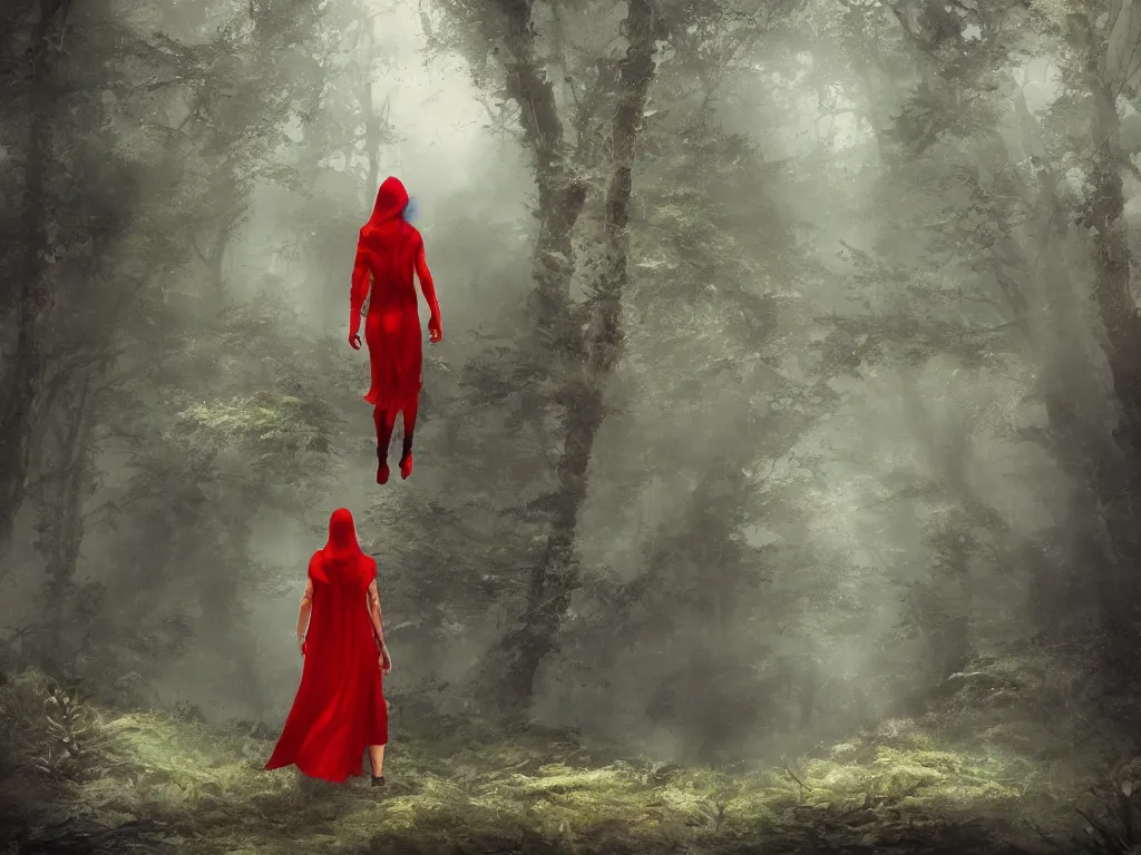 Prompt: a lonely girl in a red hood with a hummer in a deep mystical forest. award winning. dramatic. trending on artstation. midjourney. high quality