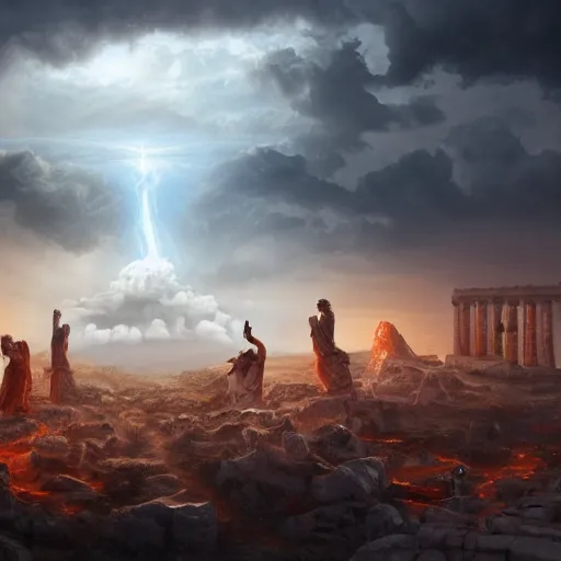 Prompt: an epic matte painting of heaven versus hell, master shot, biblical figures, mysticism, greek gods, shiva, massive, cinematic lighting, soft render, symmetrical, clouds, darkness, 8 k, ultra high quality