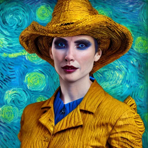 Prompt: Portrait photograph of Gal Godot cosplaying as Vincent van Gogh Wonder Woman by Claude Monet, rendered in Unreal Engine, original digital art, RTX On