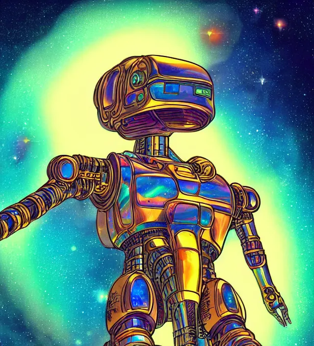 Image similar to a portrait of a mecha dragon in a iridescent intricate spacesuit, galactic landscape, space travel, lens flare, digital art, 4 k, golden synthwave color palette, vintage sci - fi, soft grainy, inspired moebius, inspired by tim white, in the style of studio ghibli