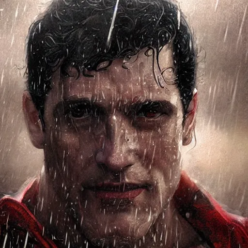 Prompt: a 4 0 year old superman with beard, scarred, wet, raining, close up, rim lighting, portrait, sinister atmospheric lighting. highly detailed painting by greg rutkowski, anime style