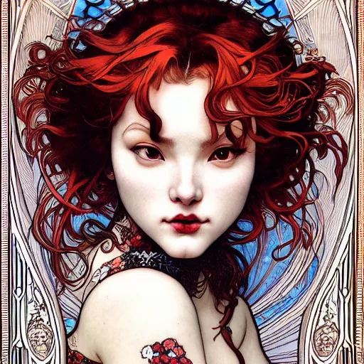 Prompt: face portrait girl with flowing red hair, an ultrafine hyperdetailed illustration by kim jung gi, irakli nadar, by alphonse mucha, ayami kojima, amano, greg hildebrandt, and mark brooks, female, feminine, art deco, new baroque, intricate linework