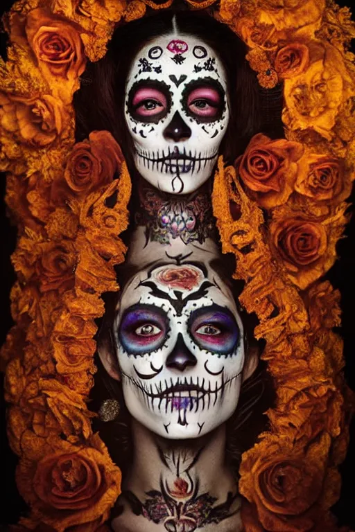 Image similar to 1 9 0 0's virgin mary dia de muertos dress and make up, horrific beautiful vibe, evocative, atmospheric lighting, painted, intricate, highly detailed, leesha hannigan, wayne haag, reyna rochin, ignacio fernandez rios, mark ryden, iris van herpen, stunning, gorgeous, sharp focus, cinematic, masterpiece