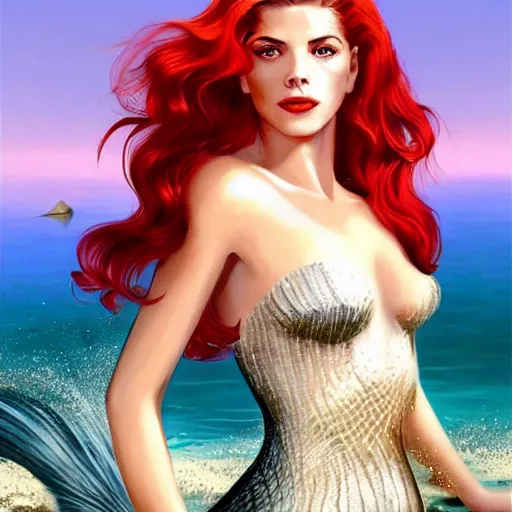 Image similar to A combination of Grace Kelly's and Katheryn Winnick's and Ashley Greene's faces with red hair as a mermaid half submerged on the beach, full body shot, western, fantasy, intricate, elegant, highly detailed, digital painting, artstation, concept art, matte, sharp focus, illustration, art by Artgerm and Greg Rutkowski and Alphonse Mucha