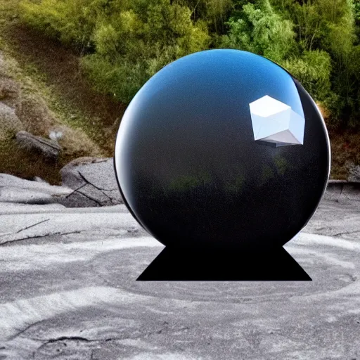 Prompt: It looked like a dark gray or black cube inside a clear translucent sphere and the apex of the cube was touching the inside of the sphere.