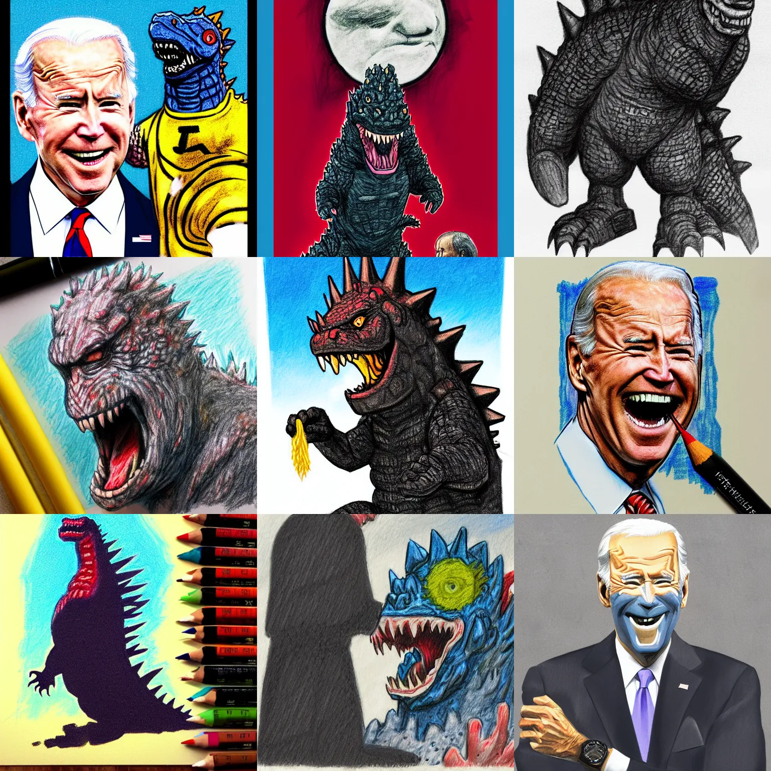 Prompt: crayon illustration of portrait of Godzilla eating a terrified President Joe Biden, trending on artstation