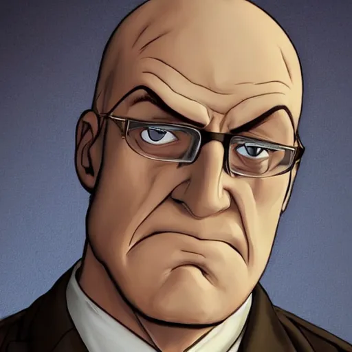 Image similar to A middle-aged Dr. Venture in real life with a hooked nose, a long gaunt face and skinny body and neck, very thin and bald, realistic, very realistic, hyperrealistic, highly detailed, very detailed, extremely detailed, detailed, digital art, oil painting, trending on artstation, headshot and bodyshot, detailed face, very detailed face, extremely detailed face, HD Quality, 8k resolution, very very detailed face, real life