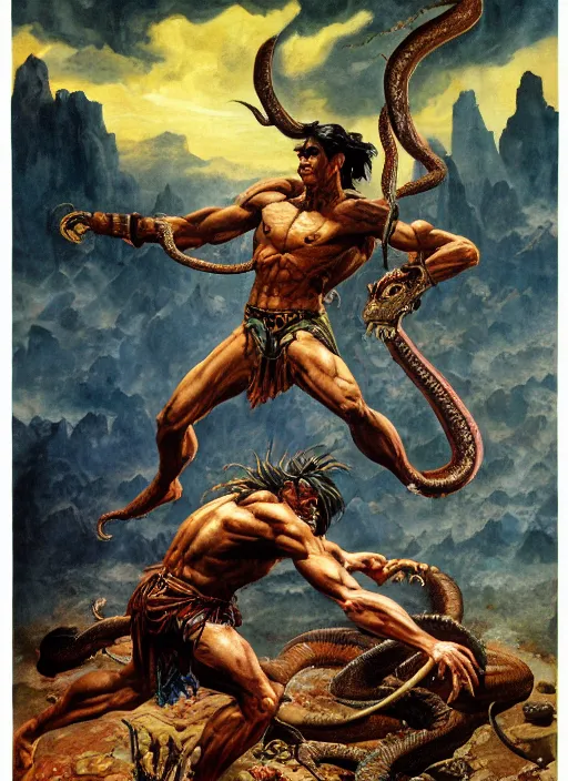 Image similar to a highly detailed symmetrical painting of conan fighting a mythical snake creature, dynamic lighting, ambient lighting, art by frank frazetta and glenn fabry and argerm, hires, 4 k