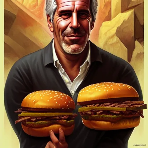 Prompt: portrait of jeffrey epstein eating giant hamburgers, ethereal, handsome, d & d, fantasy, intricate, elegant, highly detailed, digital painting, artstation, concept art, matte, sharp focus, illustration, art by artgerm and greg rutkowski and alphonse mucha