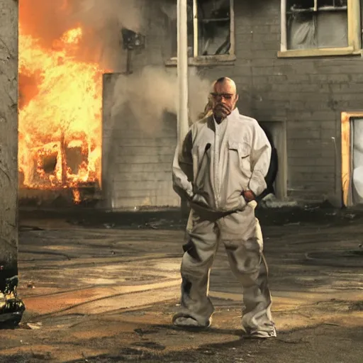 Prompt: a photo of walter white standing in front of a building on fire, highly detailed, 4 k