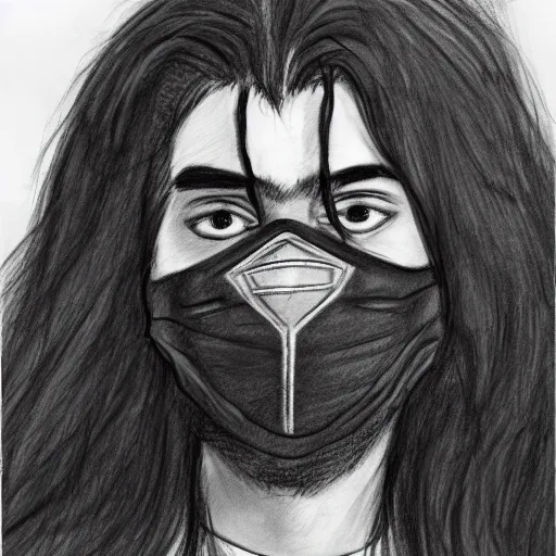 Image similar to professional pencil sketch of a young adult man with slightly long hair wearing a black face mask and an oversized dark sweatshirt and dark sweatpants, high quality, HD, 8K, highly detailed, award-winning