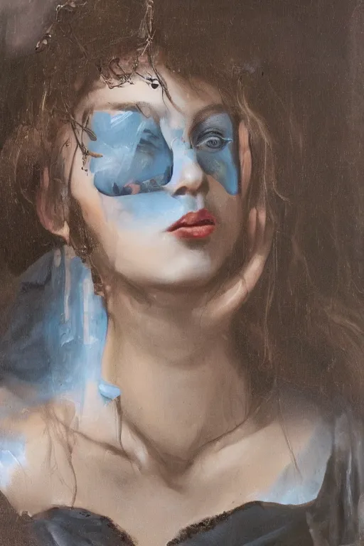 Image similar to hyperrealism oil painting, close - up portrait of european medieval brunette vampire fashion model, knight, steel gradient mixed with nebula sky, in style of baroque