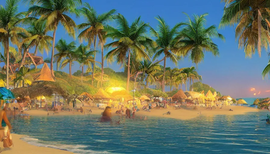 Prompt: beautiful seaside tropical beach village by moebius, very beautiful, volumetric lighting