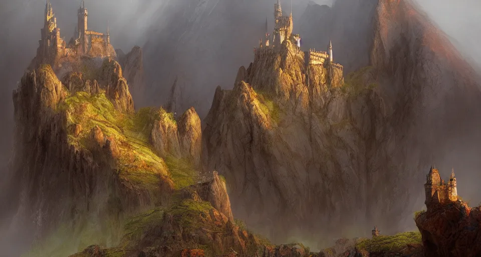 Image similar to castle on a misty mountain by John Howe and Jeff Easley and Craig Mullins, concept art, HD, 8K