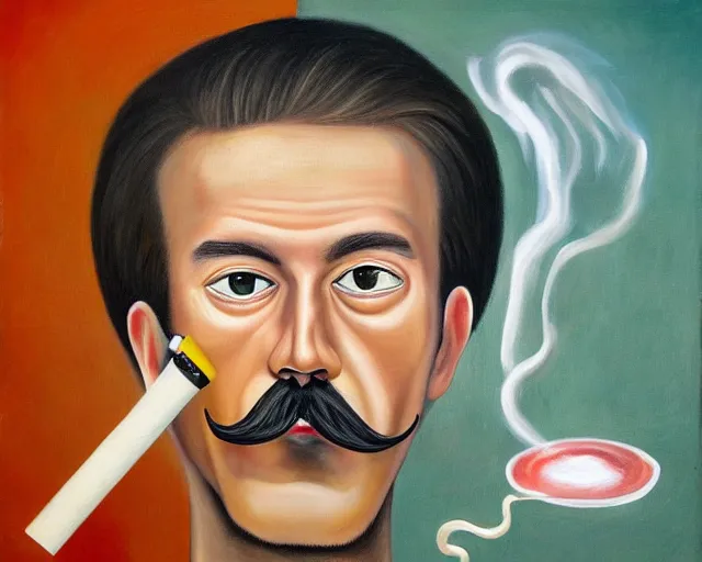 Prompt: a surreal painting of a young man with a fu manchu mustache smoking a joint