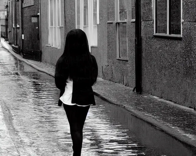 Image similar to poor quality digital photo of an emo girl, black hair, sunny day after rain, british street, 2 0 0 7