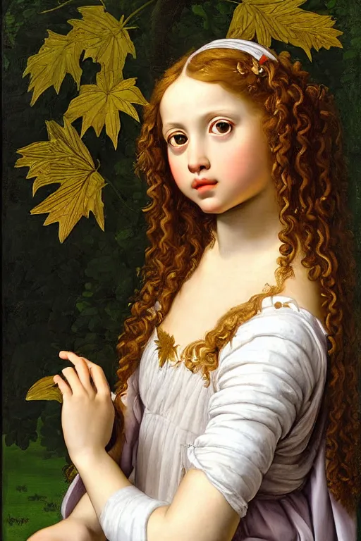 Image similar to renaissance painting of young girl in the garden, closeup, curly long hair, face closeup, emotions closeup, dressed in roman armour, the beautiful garden with maple leaves everywhere, ultra detailed, art by guido reni style, vincenzo catena style