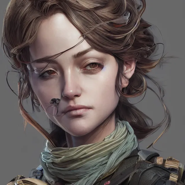 Image similar to the portrait of lawful neutral semi - colorful female infantry sniper as absurdly beautiful, gorgeous, elegant, young woman looking up, an ultrafine hyperdetailed illustration by kim jung gi, irakli nadar, intricate linework, bright colors, octopath traveler, final fantasy, unreal engine 5 highly rendered, global illumination, radiant light, detailed and intricate environment