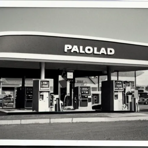 Prompt: polaroid of a gas station from 1 9 6 8