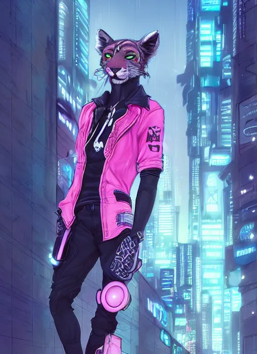 Image similar to award winning beautiful portrait commission of a male furry anthro puma fursona with a tail and a cute beautiful attractive detailed furry face wearing stylish black and pink cyberpunk clothes in a cyberpunk city at night while it rains. Character design by charlie bowater, ross tran, artgerm, and makoto shinkai, detailed, inked, western comic book art