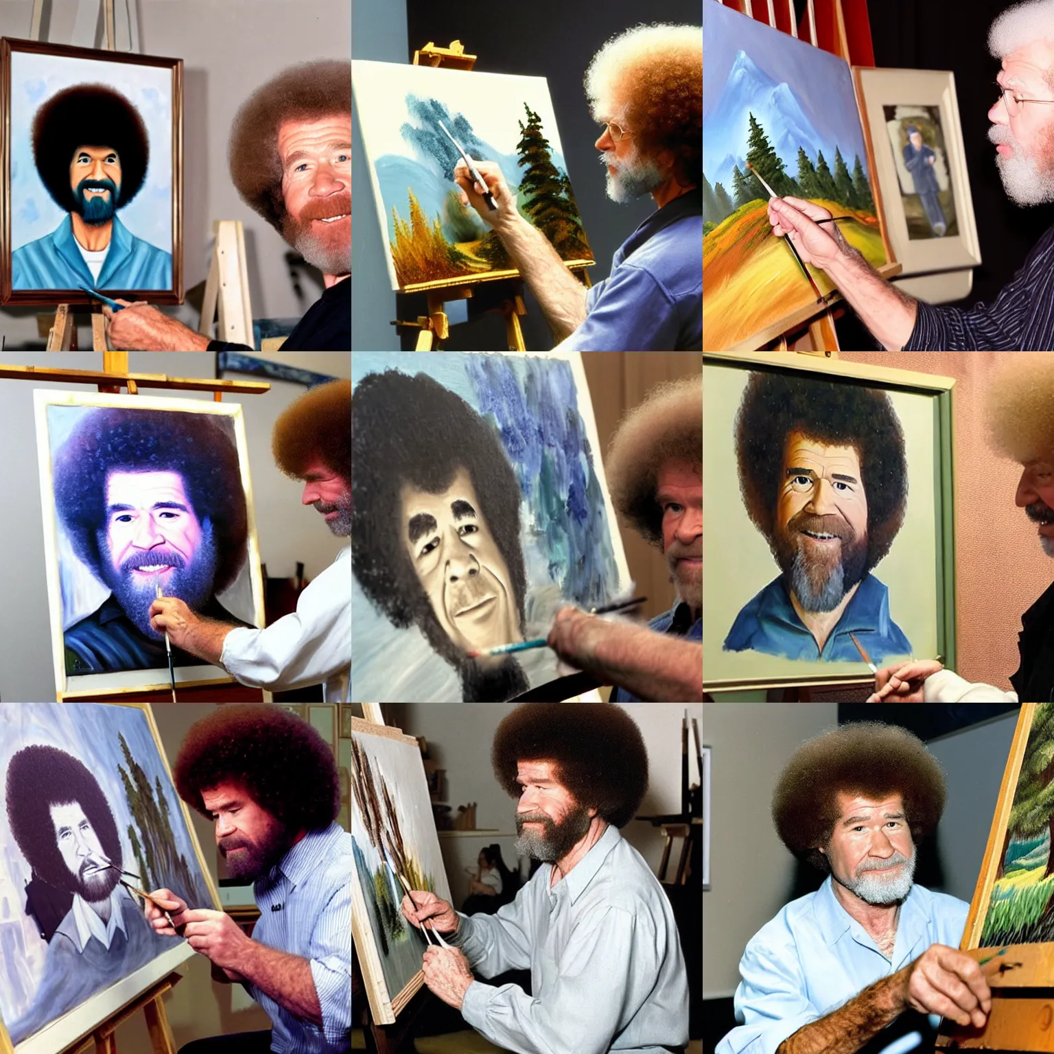 Prompt: a photo of bob ross painting a painting of bob ross painting a painting