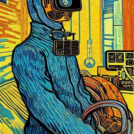 Prompt: Illustrated by Shepard Fairey and Moebius | Cyberpunk Van Gogh with VR helmet, surrounded by cables | Photo