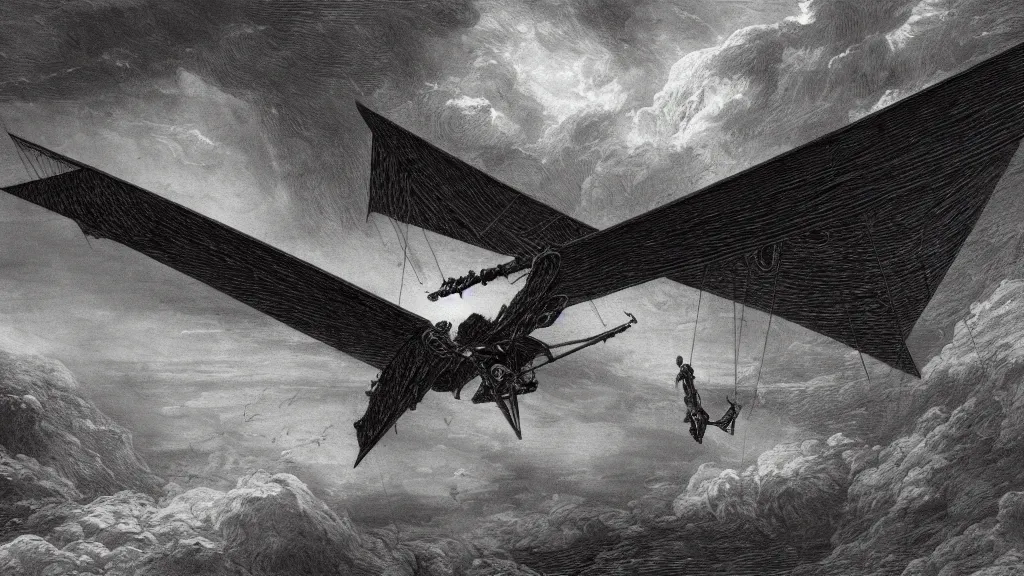 Image similar to drawing of an ornithopter flying toward a desert storm, by gustave dore, nineteenth century, black and white, vintage, science fiction, epic composition, dramatic lighting, highly detailed, cinematic