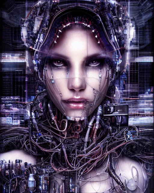 Image similar to portrait photo of an aesthetic biomechanical cyborg plugged into a quantum computer with cables and wires and optic fibers. cyberpunk horror style. art by luis royo. highly detailed 8 k. intricate. nikon d 8 5 0 5 5 mm. award winning photography.