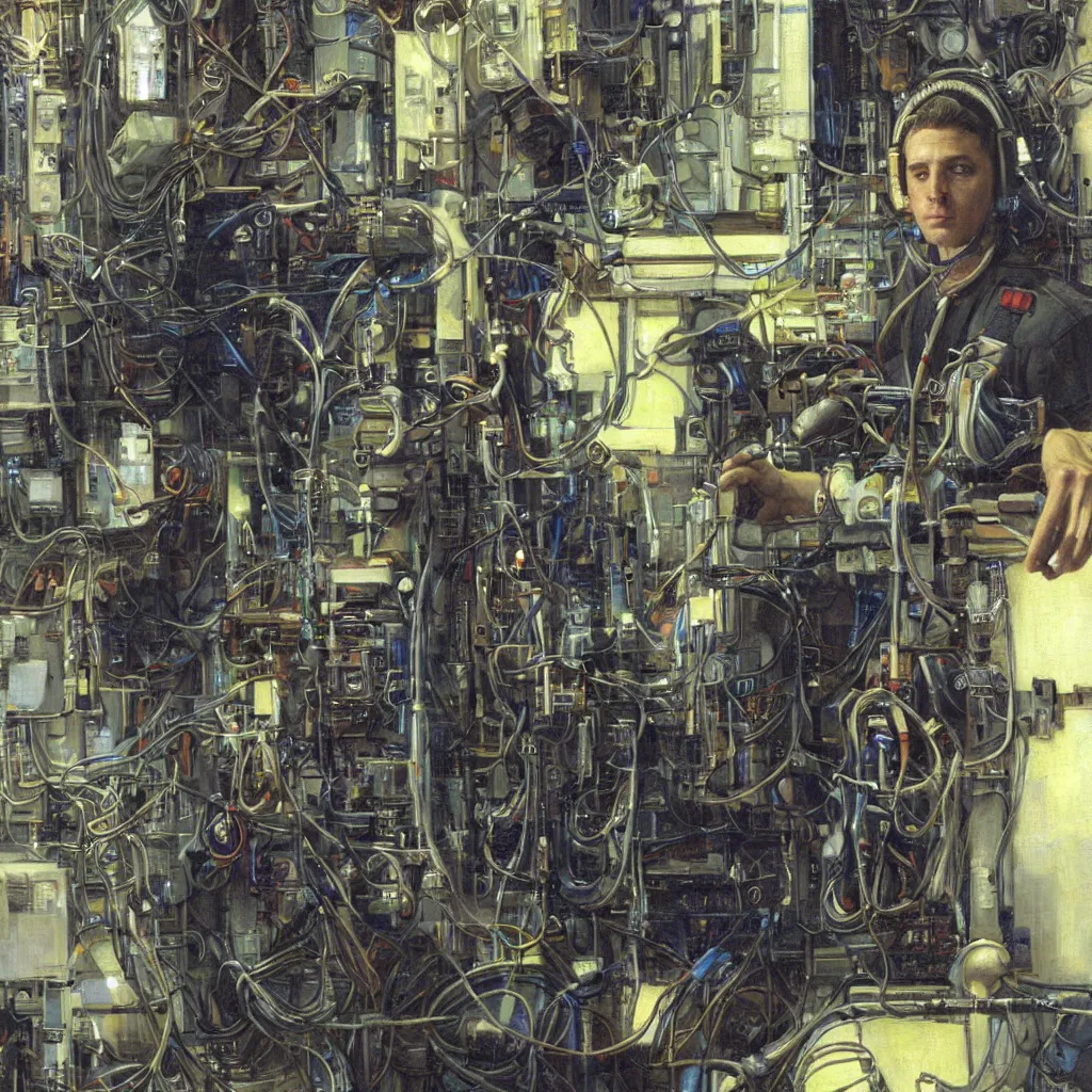 Image similar to painting by donato giancola, portrait of a cyberpunk technician engineer