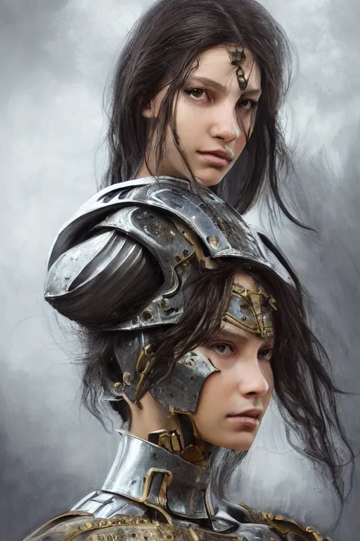 Image similar to a photorealistic painting of an attractive young girl, partially clothed in metal-plated battle armor, olive skin, long dark hair, beautiful bone structure, symmetrical face, perfect eyes, intricate, elegant, digital painting, concept art, illustration, sharp focus, minimal artifacts, from Metal Gear, in the style of Ruan Jia and Mandy Jurgens, by Greg Rutkowski, trending on Artstation, award winning