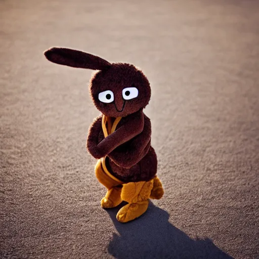 Prompt: a little brown karate loving ninja bunny that is a plush muppet wearing cool ninja clothes and practicing her karate out in nature, photorealistic, photography, ambient occlusion, rtx, national geographic