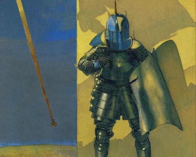 Image similar to knight in blue armour by n. c. wyeth, high detail,