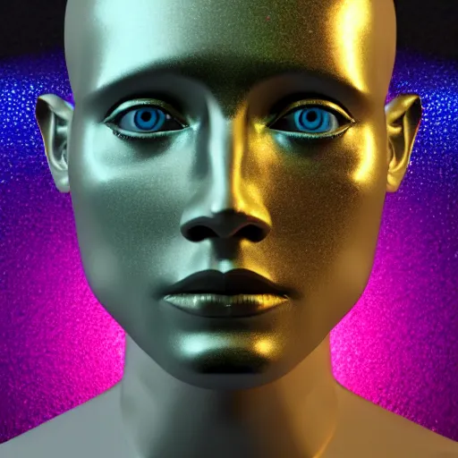 Image similar to 3d render of holographic human robotic head made of glossy iridescent, surrealistic 3d illustration of a human face non-binary, non binary model, 3d model human, cryengine, made of holographic texture, holographic material, holographic rainbow, concept of cyborg and artificial intelligence