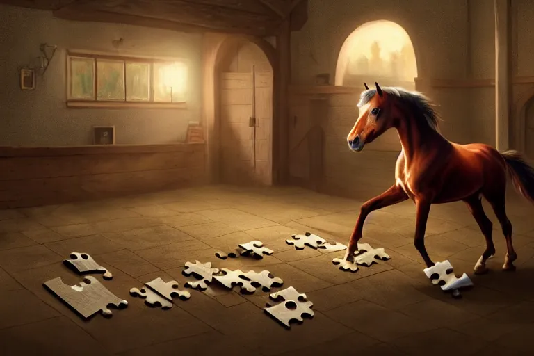 Image similar to A horse attempting to solve a jigsaw puzzle!!!, looking confused, cinematic lighting, evening light, stables, digital painting, volumetric light, concept art, trending on artstation