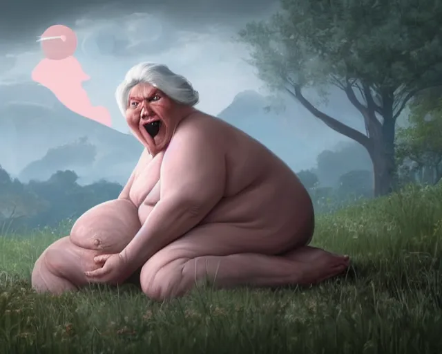 Image similar to of a very beautiful scene. ambient occlusion render. a sweet fat old woman is giving birth to her shadow. hyper realistic. 4 k. wide angle. wild. symmetrical face, red mouth, blue eyes. deep focus, lovely scene. ambient occlusion render. concept art. unreal engine.