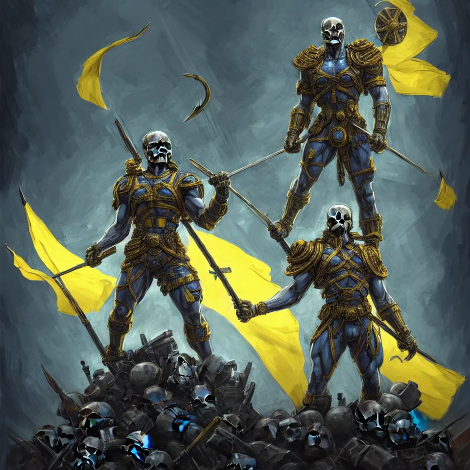 Image similar to a distant shot of one!!!!! single super soldier with blue and yellow flag and a trident symbol standing alone on a huge pile of skulls as a winner, masculine figure, D&D, fantasy, intricate, elegant, highly detailed, extremely detailed, digital painting, artstation, concept art, matte, smooth, sharp focus, illustration, art by Artgerm and Greg Rutkowski and Alphonse Mucha