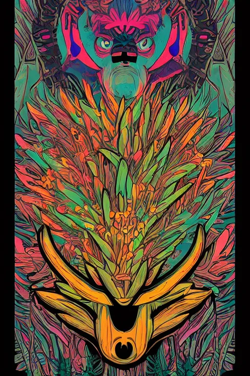 Image similar to animal mask totem roots flower tribal feather gemstone plant wood rock shaman vodoo video game vector cutout illustration vivid multicolor borderlands comics by josan gonzales and dan mumford radiating a glowing aura