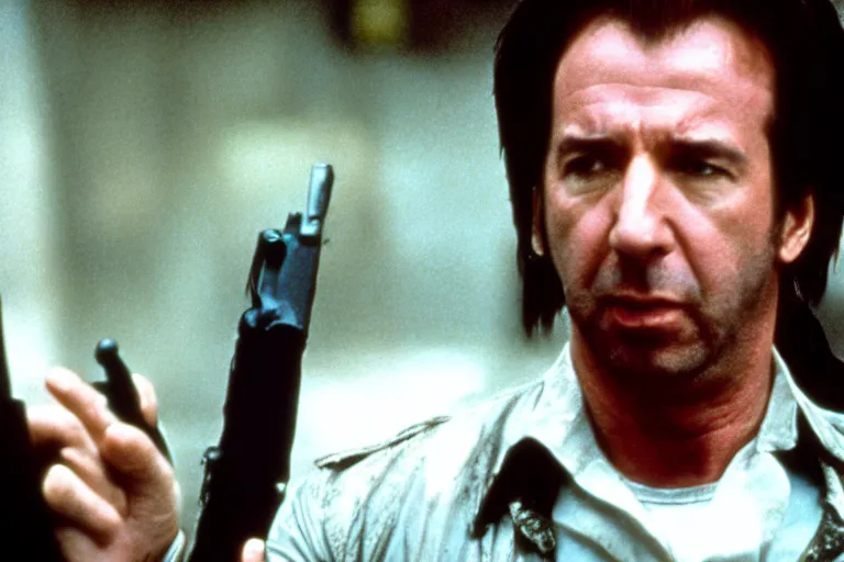 Image similar to film still of Alan Rickman as John McClane in Die Hard 1988