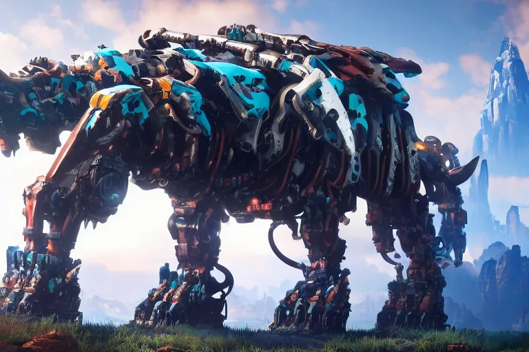 Image similar to grimhorn fanghorn machine mecha animal beast robot of horizon forbidden west horizon zero dawn bioluminiscence global illumination ray tracing hdr fanart arstation by sung choi and eric pfeiffer and gabriel garza and casper konefal