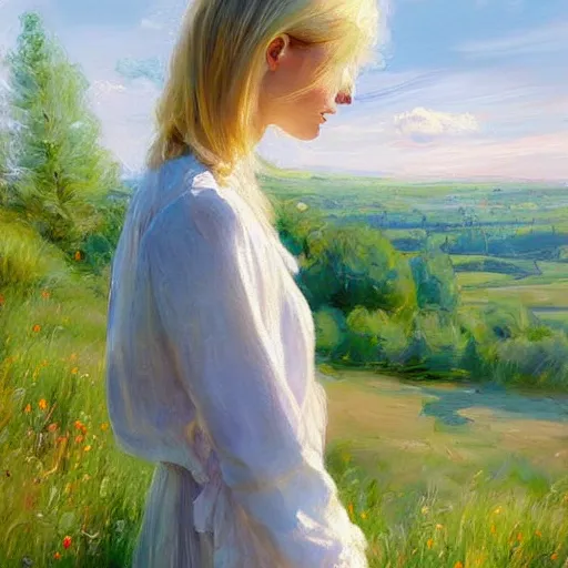 Image similar to blonde woman, dress, swedish countryside, archipelago, morning, masterpiece, highly detailed, beautiful, atmospheric, impressionism, painting by Vladimir Volegov