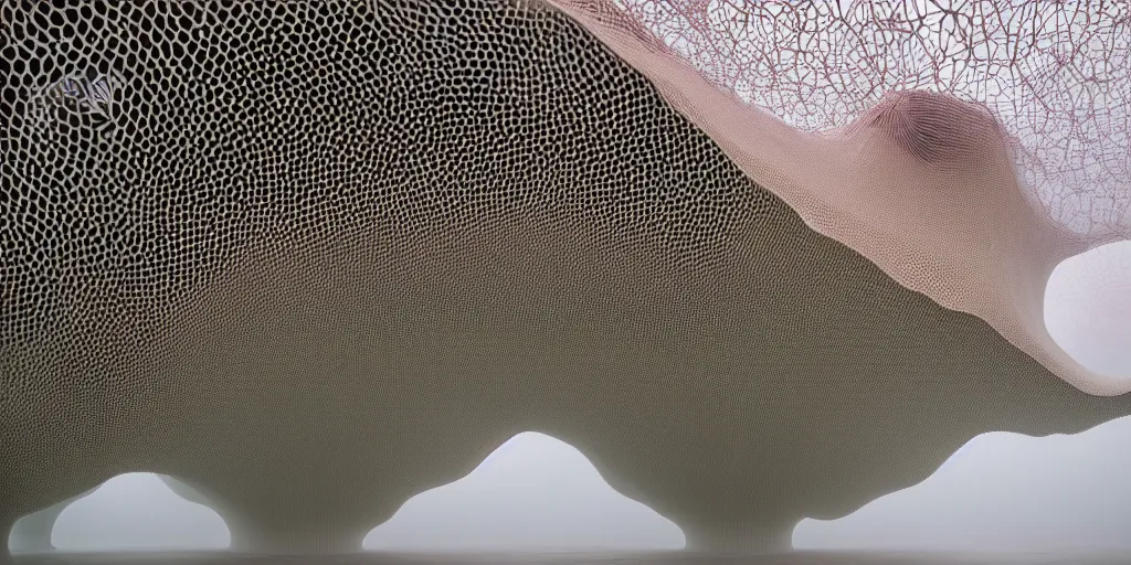 Image similar to white honeycomb organic building by ernesto neto sits on the field in low fog, light - mint with light - pink color, 4 k, insanely quality, highly detailed, film still from the movie directed by denis villeneuve with art direction by zdzisław beksinski, telephoto lens, shallow depth of field