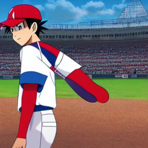 Prompt: ash ketchum at a baseball stadium, beautiful and crisp, official still from the anime