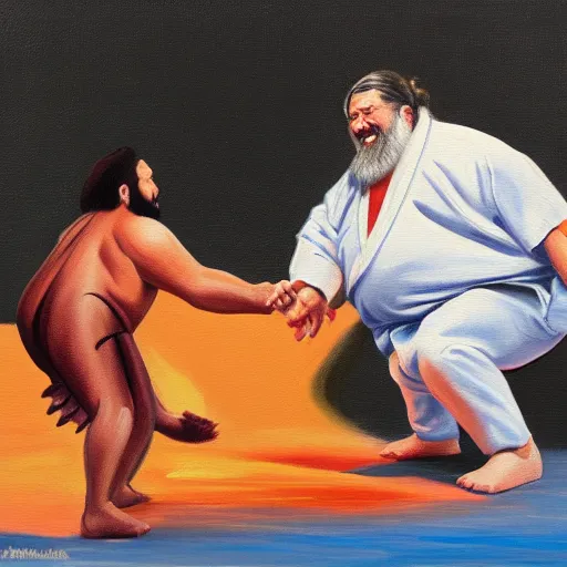 Prompt: oil painting of richard stallman sumo wrestling with bill gates, trending on artstation