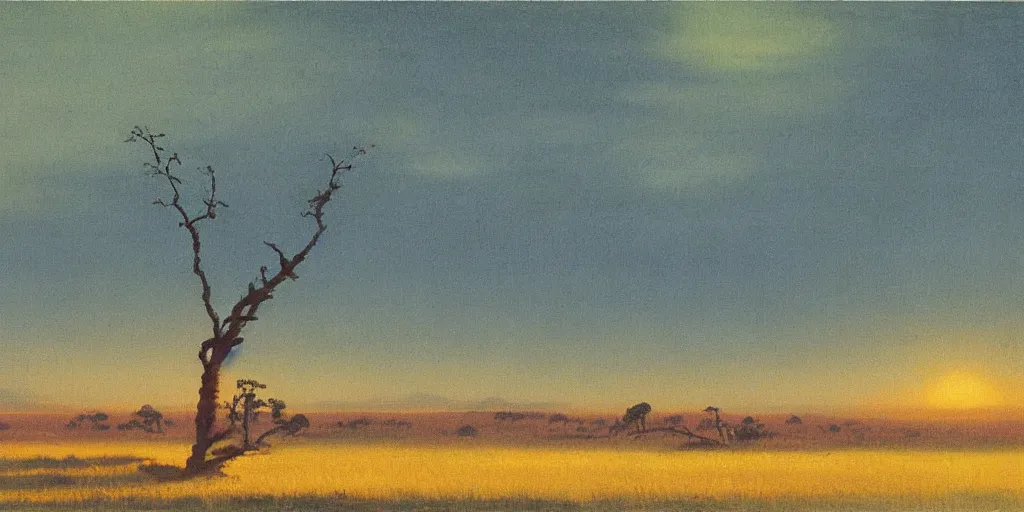 Prompt: painting of the savannah at golden hour by kitano tsunetomi, 1 9 3 9