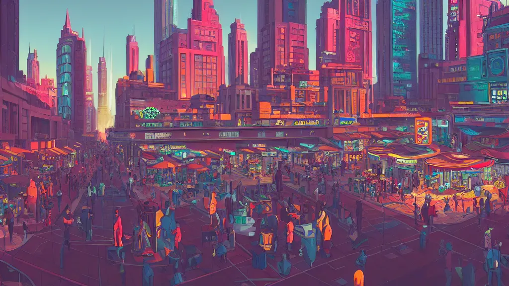 Prompt: street level view of busy plaza in retrofuturistic robot city. sharp digital painting. retrofuturism. concept art. artstation. casey weldon. digital render. dan mumford.